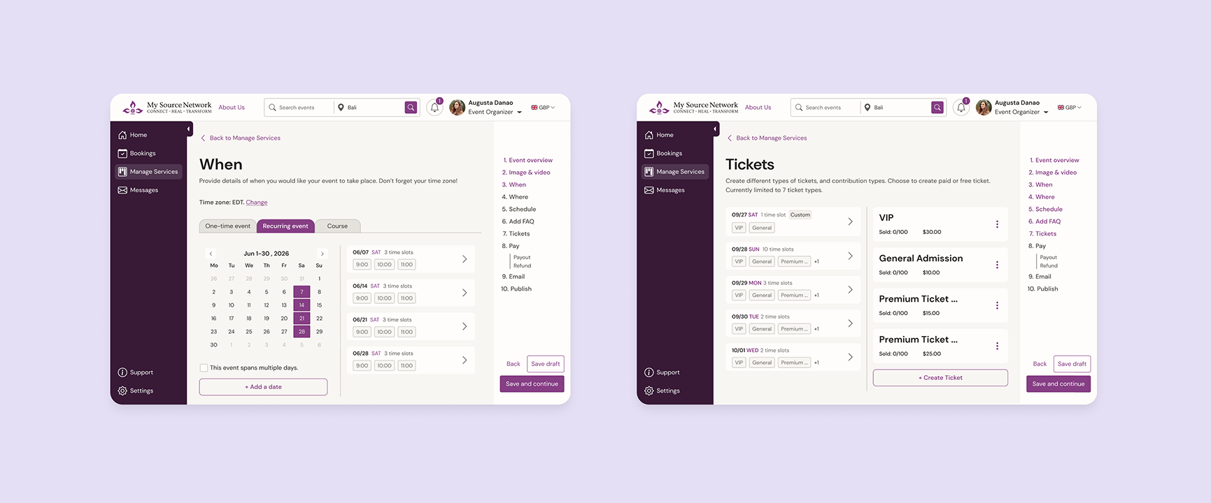Event creation experience interface shown across multiple screens