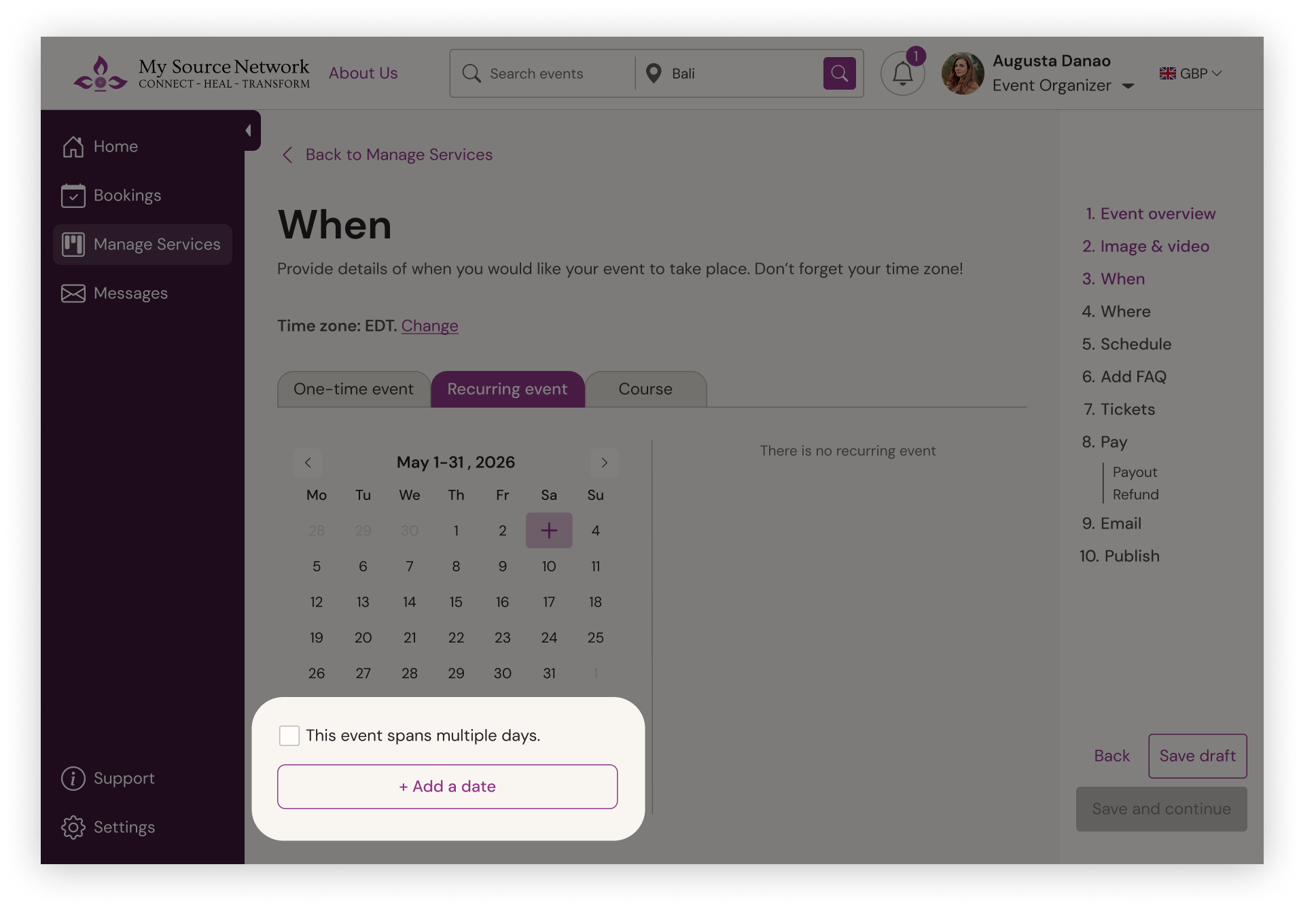 Split view showing a minimized calendar alongside a detailed list of event dates and time slots