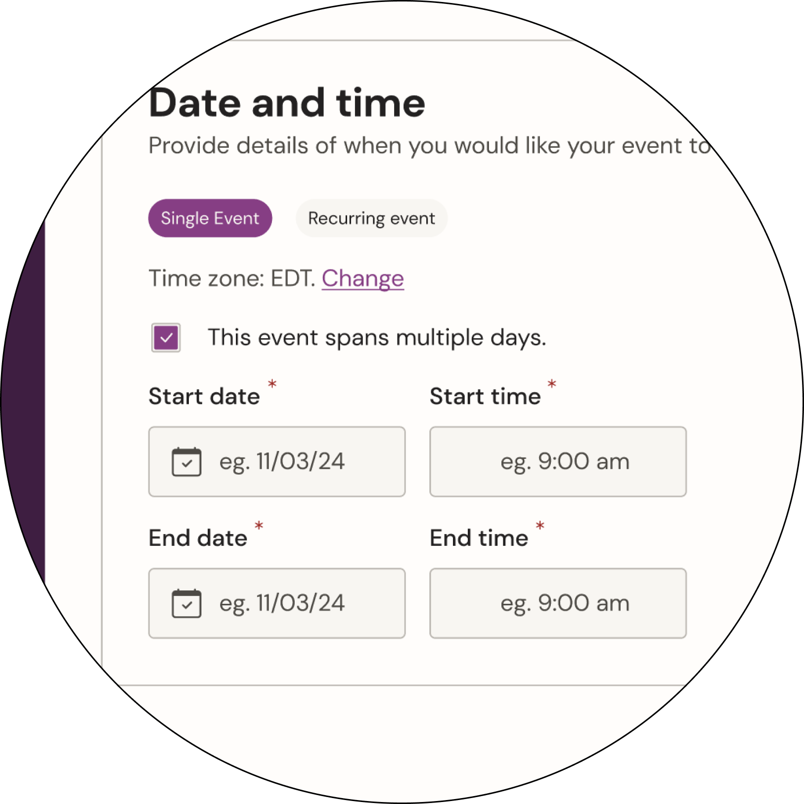 Screenshot highlighting missing course time-setting capabilities in the event creation flow