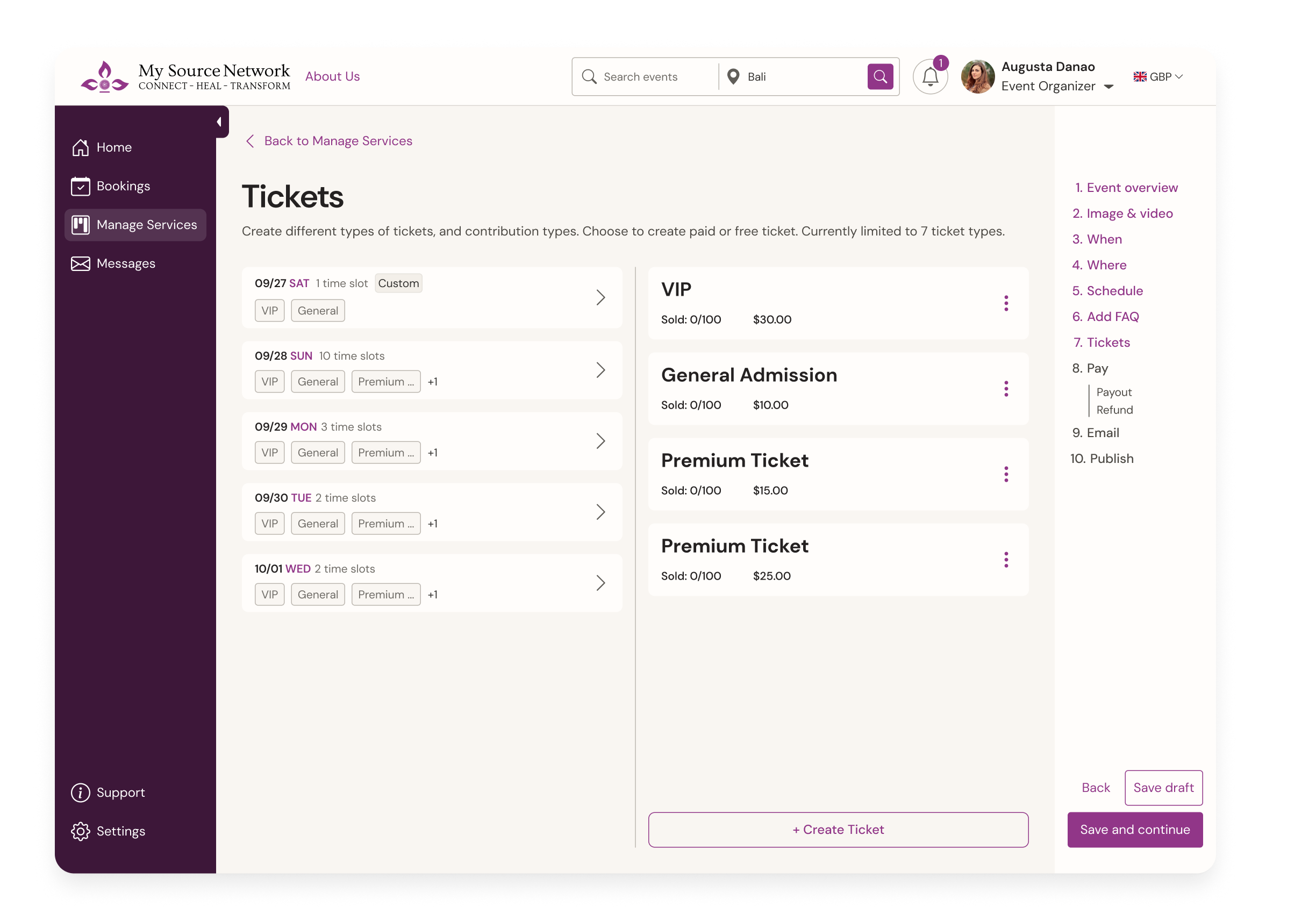 Split view showing a minimized calendar alongside a detailed list of event dates and time slots