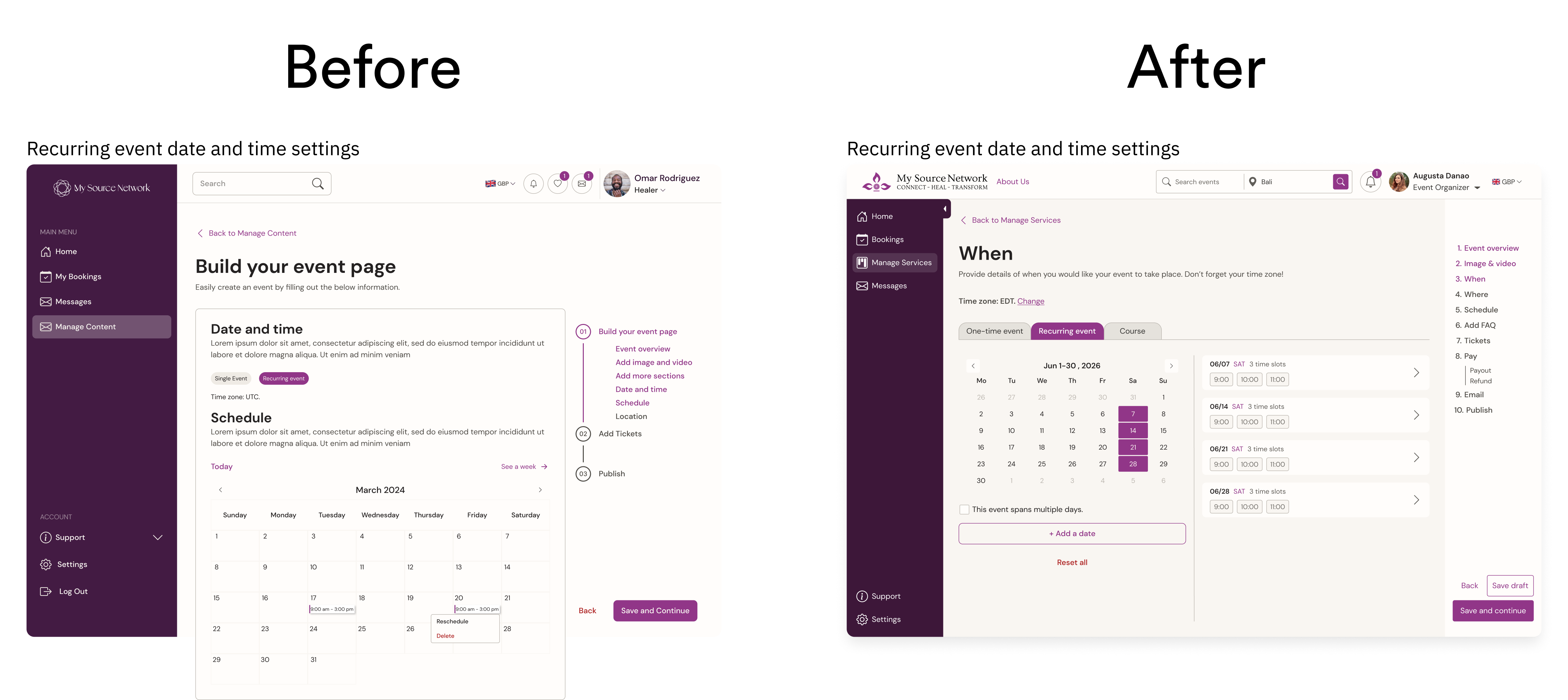 Split view showing a minimized calendar alongside a detailed list of event dates and time slots