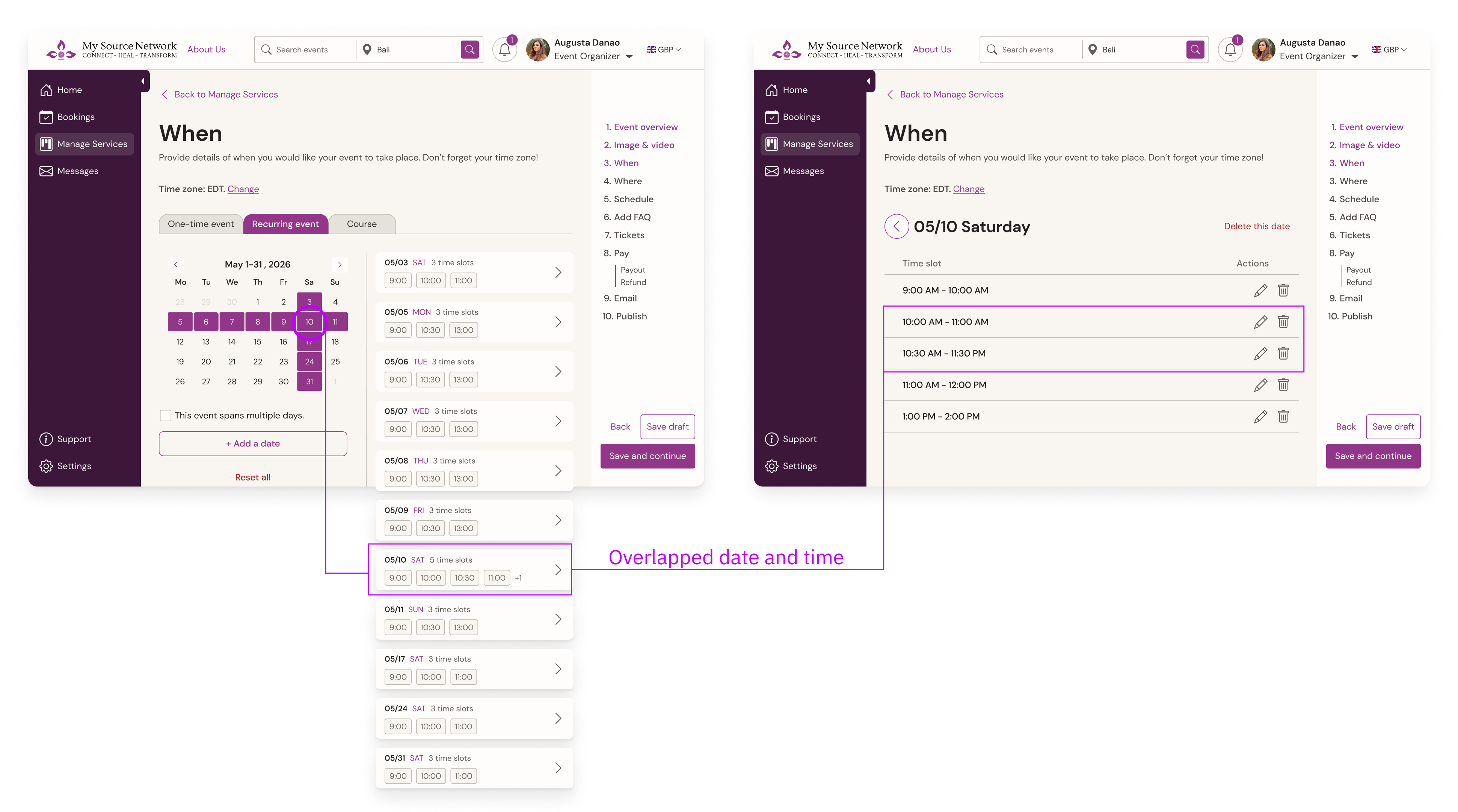 Split view showing a minimized calendar alongside a detailed list of event dates and time slots