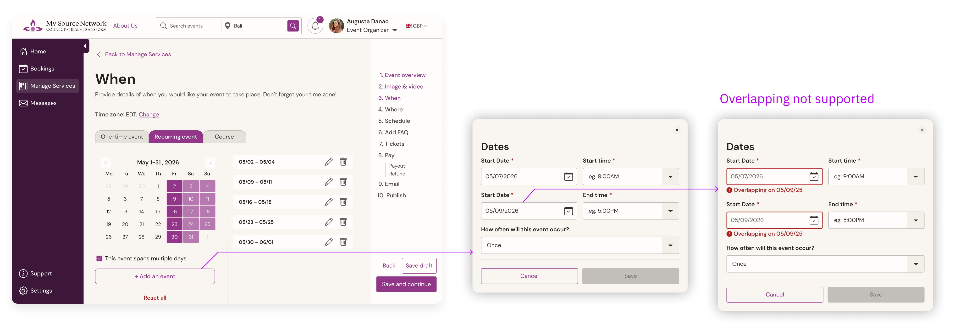 Split view showing a minimized calendar alongside a detailed list of event dates and time slots